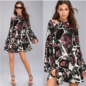 Free People Drift Away Halter Neck Dress XS Cold Shoulder‎ Long Sleeve Abstract